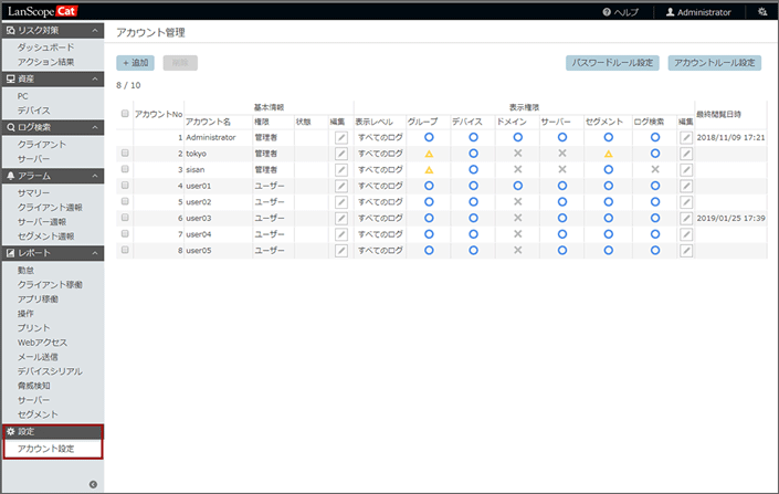 「アカウント管理」画面 「アカウント管理」画面
