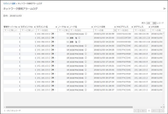 「ネットワーク接続アラームログ」画面