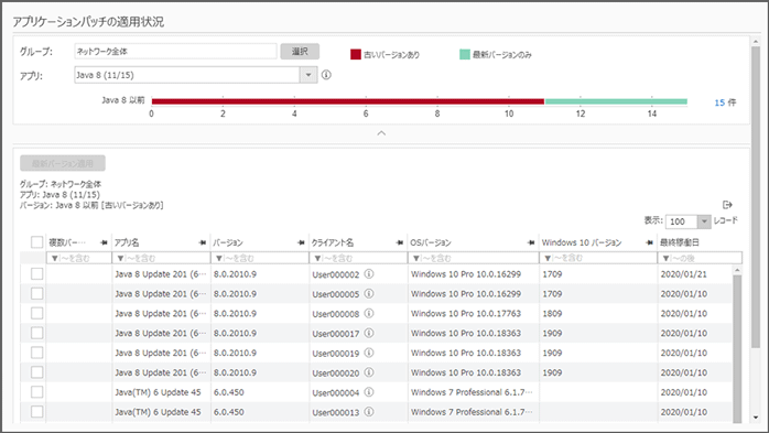 「アプリケーションパッチの適用状況」画面