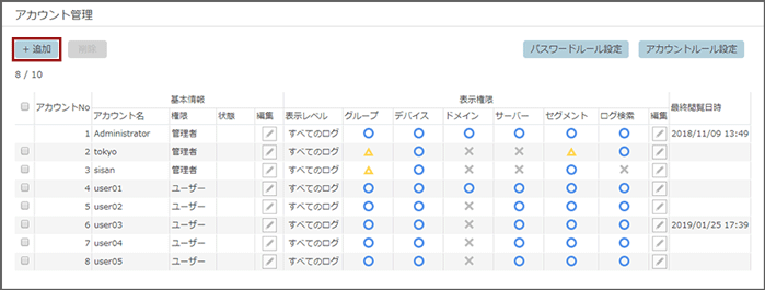 「アカウント管理」画面