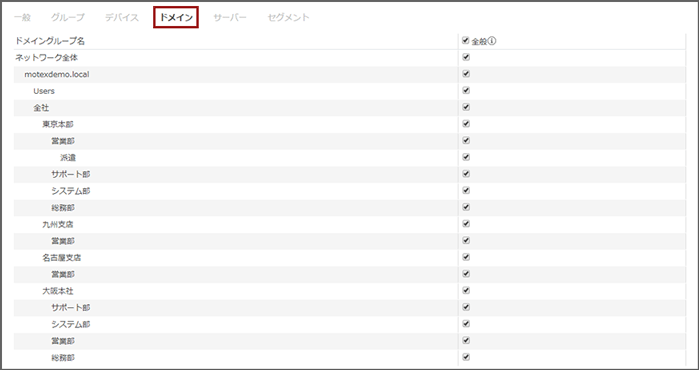 「表示権限の編集・ドメイン」画面