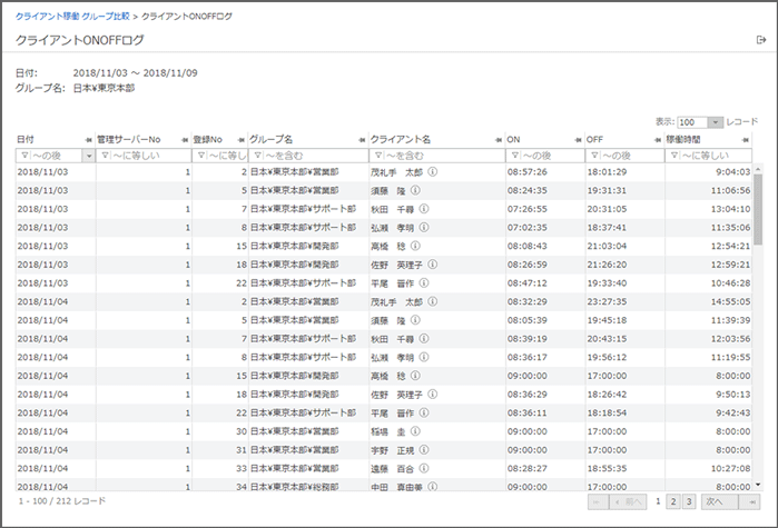 「クライアントONOFFログ」画面 「クライアントONOFFログ」画面