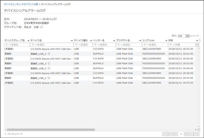 「デバイスシリアルアラームログ」画面