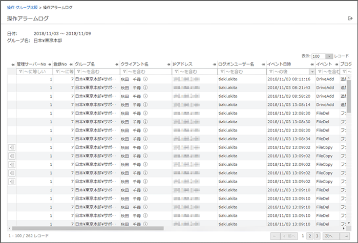 「操作アラームログ」画面 「操作アラームログ」画面
