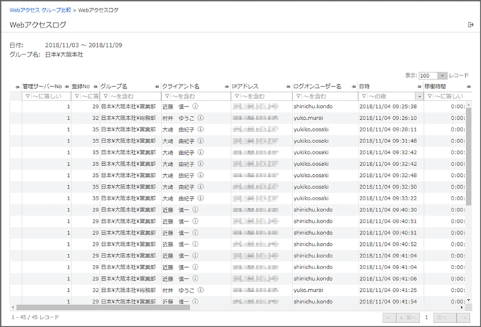 「Webアクセスログ」画面 「Webアクセスログ」画面