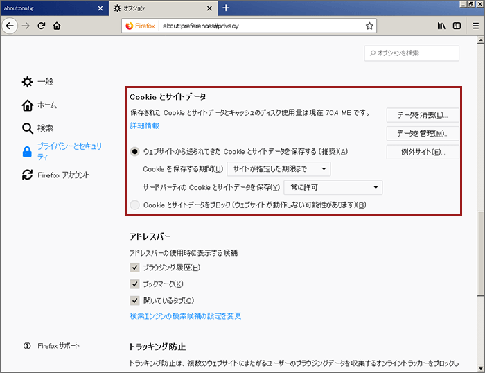 「オプション」画面>「プライバシーとセキュリティ」